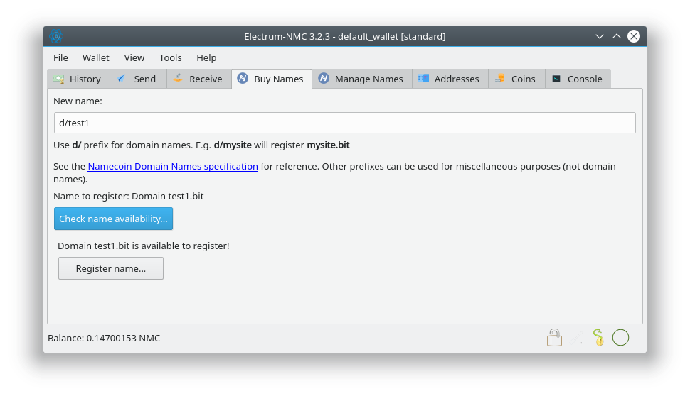 A screenshot of a name available for registration on the Electrum-NMC Buy Names tab.