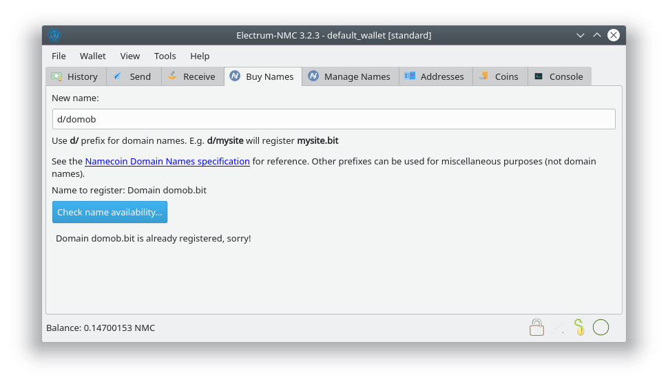 A screenshot of a name already taken on the Electrum-NMC Buy Names tab.