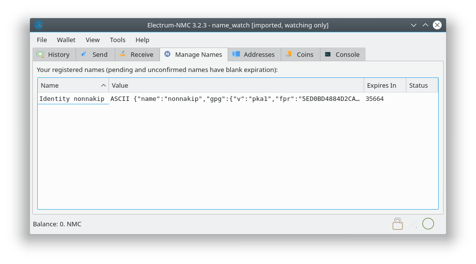A screenshot of the Electrum-NMC Manage Names tab.
