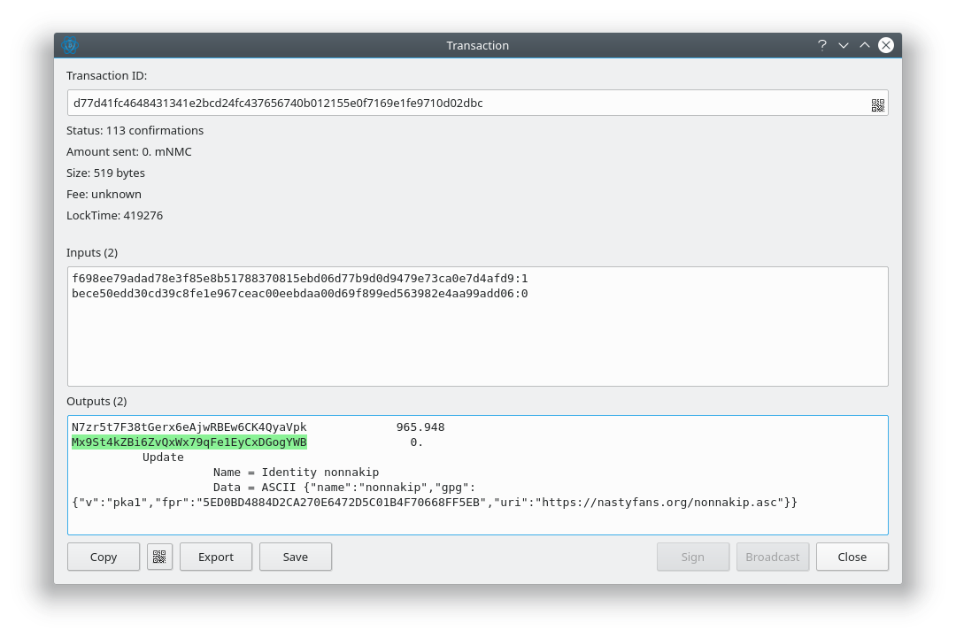 A screenshot of name data visible in the Electrum-NMC Transaction Details tab.