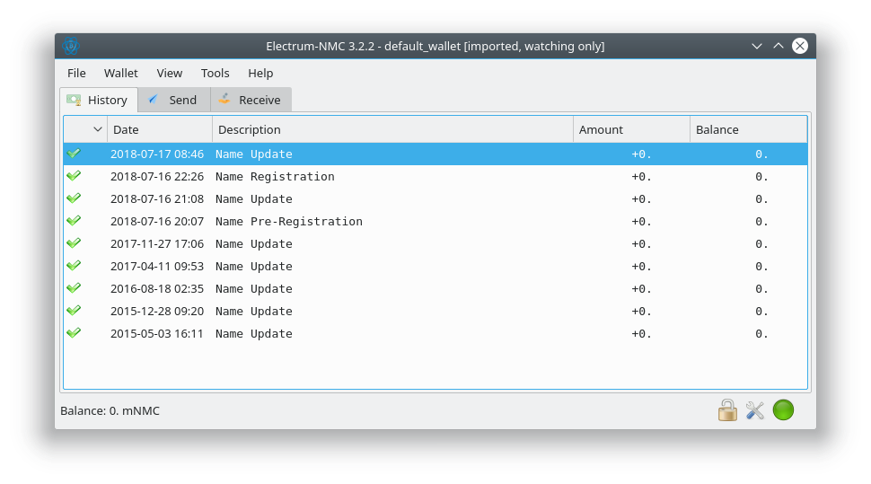 A screenshot of name transactions visible in the Electrum-NMC History tab.