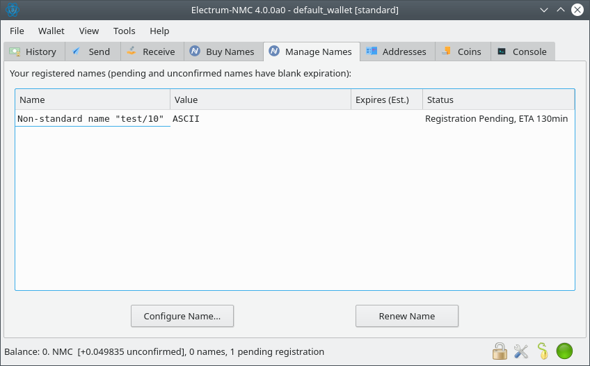 A screenshot of the Manage Names tab in Electrum-NMC showing "ETA 130min".