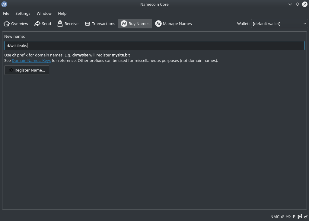 A screenshot of the Buy Names tab in Namecoin-Qt.