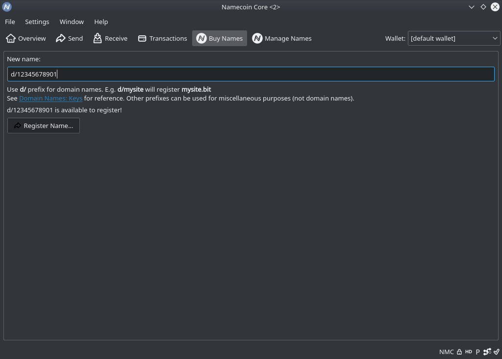 A screenshot of the Buy Names tab in Namecoin-Qt, when the name is available.