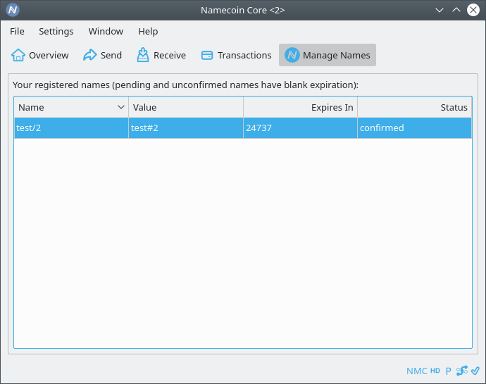 A screenshot of the Manage Names tab in Namecoin-Qt.