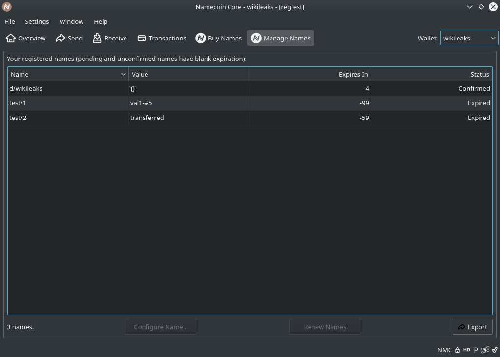 A screenshot of the Manage Names tab in Namecoin-Qt.