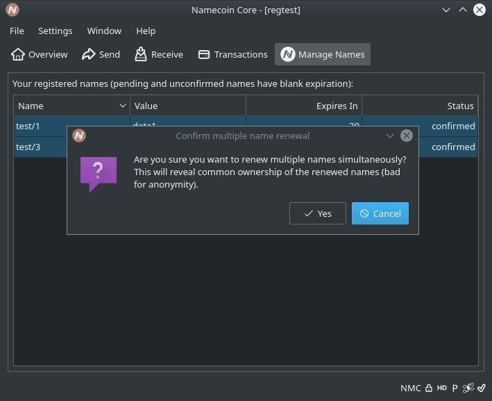 A screenshot of the Renew Names confirmation dialog for multiple names in Namecoin-Qt.