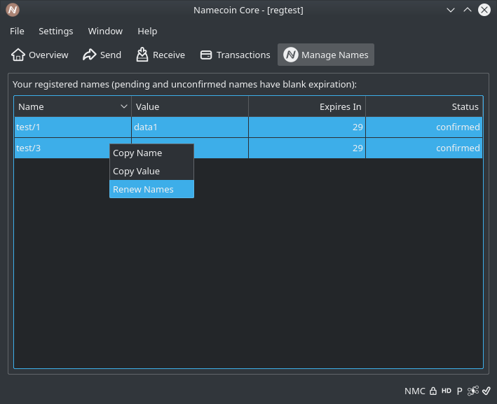 A screenshot of the Renew Names context menu for multiple names in Namecoin-Qt.