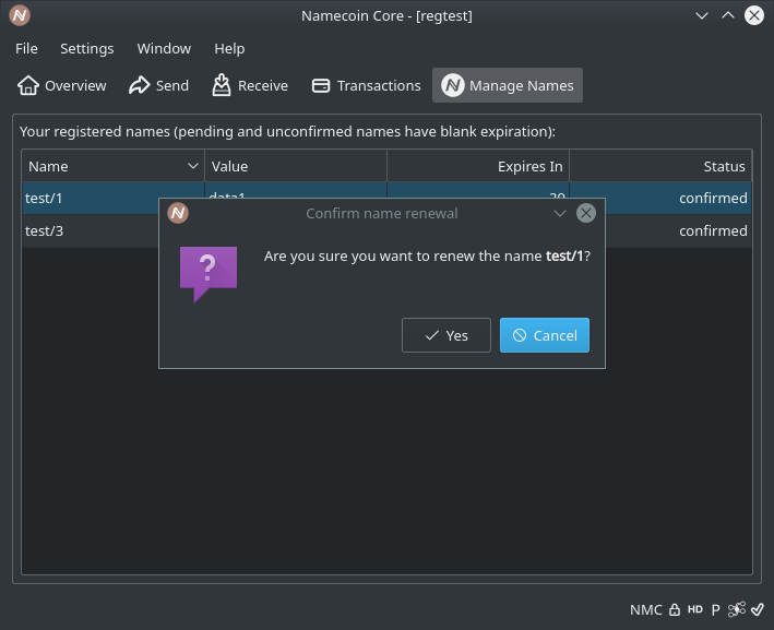 A screenshot of the Renew Names confirmation dialog in Namecoin-Qt.