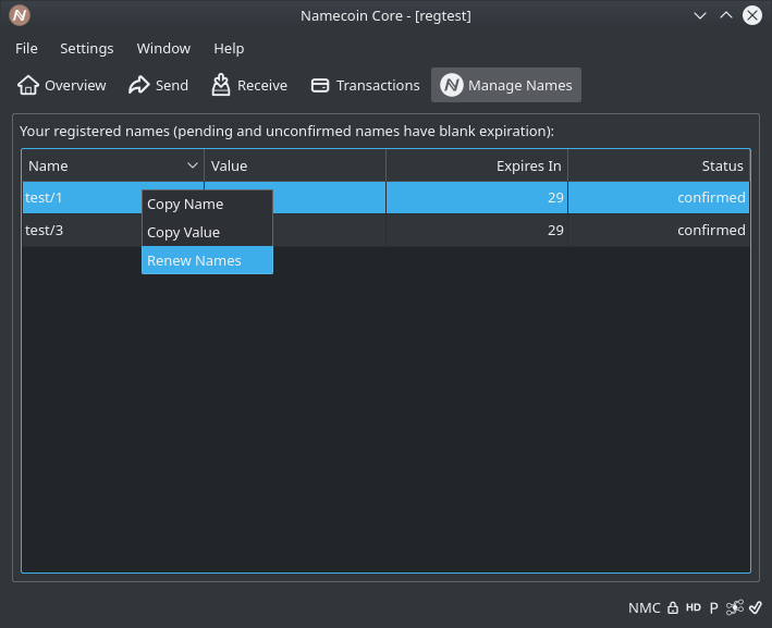 A screenshot of the Renew Names context menu in Namecoin-Qt.