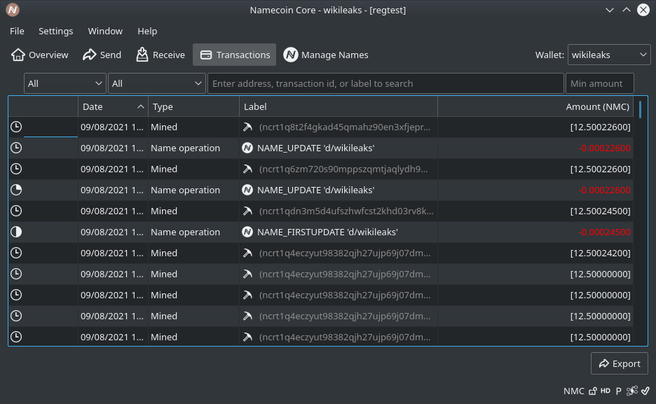 A screenshot of the Transactions tab in Namecoin-Qt.